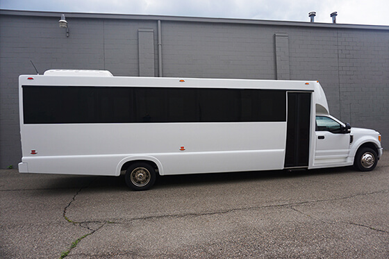 our large group white party bus Cleveland
